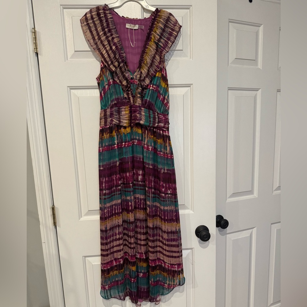 Ramy Brook Pleated Purple and Green Maxi Sundress